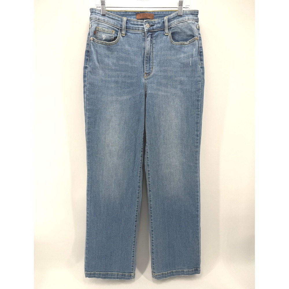 Judy Blue Straight Fit Jeans High Rise Distressed Stretch Wide Leg Women 13/31